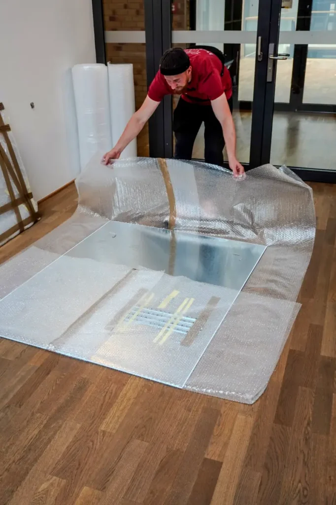 Mitarbeiter der Junker Umzugsfirma GmbH verpackt eine große Metallplatte mit Luftpolsterfolie