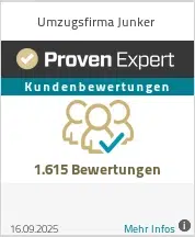 ProvenExpert Bewertungssiegel der Umzugsfirma Junker mit 1.615 Kundenbewertungen.